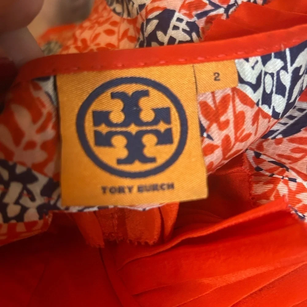 Tory Burch Silk Janette Dress Women's Size 2 Orange & Blue Ruffle A-Line